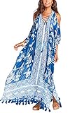 Orshoy Damen Elegante Strandponcho Ethnischer Druck Lose Kaftan Sommer Maxikleid Elegante Blumen Sommer Kleid Chiffon Tunika Strandkleider Freizeitkleid Blau