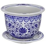 VANZACK Blau-weißer Blumentopf aus Keramik, chinesische Blumentöpfe aus Keramik mit Tablett, dekorativer Blumentopf für drinnen und draußen, Schreibtisch, Garten, Balkon