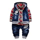 Yao 9M-5J Frühling Herbst Baby Jungen 3-teiliges Kleidungsset Baumwollhemd Jeans und Jeansweste(9-12M, Rot)