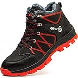 SROTER Damen Herren Arbeitsschuhe Stahlkappe Wasserdicht Gefüttert Sicherheitsschuhe Schneestiefel Trekking Wanderschuhe Winterschuhe Stiefel Trekking Schuhe,04 Rot/Schwarz,44 EU