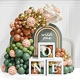 1.Geburtstag Ballon Box für Junge,3Pcs Ballon Boxen mit Grünen Weißen Goldenen Ballons und "ONE" Buchstaben, Wilden Dschungel Party Tiere Kinder Geburtstag Deko für Babyparty,Baby Shower Taufe Deko