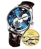 OUPINKE Uhren für Herren, Leder, Braue, blau, automatische Mondphasen, japanisches Uhrwerk, Sternenmotiv, mechanisch, wasserdicht, Business, Blaues Zifferblatt., Mechanische Uhr