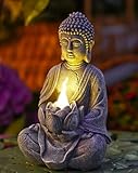 Yeomoo Buddha Figuren mit Solarlampen für Deko Wohnzimmer Schreibtisch Zubehör : Buddha Figur Zen Garten Zimmer Deko Geschenke für Frauen Mama Geburtstagsgeschenk Wetterfest Dekoration Grau 20CM