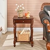 MIAUWUUFHOME Beistelltisch mit Schublade, Nachttisch Kirschholz Finish, traditionelle viktorianische Queen Anne Beistelltisch für Schlafzimmer Wohnzimmer, 50CM x 40CM x 70CM, Kirsche Walnuss GBJ1533