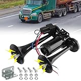 LKW Hupe 12V, Doppelrohr Lufthorn, Super Laut Air Horn, Laut Autohupe, LWK Hupe, Train Horn mit Kompressor, Lufthorn Drucklufthorn Laute Hupe Kit für 12 V Fahrzeug, PKW, Zug, Boot, Auto, Van