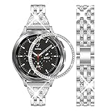 DEALELE Armband Kompatibel mit Samsung Gear Sport/Galaxy Watch 42mm / Galaxy Watch 4 Classic (42mm), 20mm Bling Strass Diamant Metall Armbänder mit Bezel Ring Schutzhülle Ersatz bänder, Silber