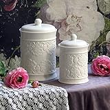Coccole di Casa Vorratsdose Keramik mit Deckel, Küche Deckeldose, Vorratsdose mit Luftdichter Deckel, Vorratsglas Landhaus Shabby Chic - Blumen/Schleife - 12x18 - Hell Elfenbein