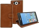 Suncase Microsoft Lumia 950 / Lumia 950 Dual-SIM Book-Style (Slim-Fit) Ledertasche Leder Tasche Handytasche Schutzhülle Case Hülle (mit Standfunktion und Kartenfach) Cognac
