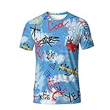 LESOCUSTOM 80er 90er Jahre Herren T-Shirt Retro Big and Tall Shirts Hip Hop Disco Kurzarm Shirts für Männer, Blauer Graffiti, Klein