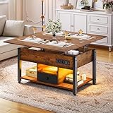 YITAHOME Couchtisch mit Höhenverstellbarer, 4-in-1-Multifunktions-Couchtisch mit Stauraum und LED Beleuchtung, Couchtisch lässt Sich in einen Esstisch für das Wohnzimmer umwandeln, Vintage-Braun
