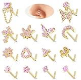 Milacolato 14Stück 20G Nasenpiercing Stecker für Damen Anhänger 14K Gold Silber Edelstahl Nasenstecker L S form Korkenzieher Piercing Herz Mond Nase Nose Stud Nostril Piercing für Damen LG