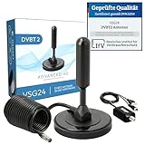 VSG24 DVBT2 Antenne mit Verstärker 36Dbi+ HDTV Zimmerantenne für Fernseher, max. Signalqualität durch ALU-Kern, 5m Kabel DVB-T2 Antenne Fernseher freenet tv innen außen
