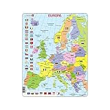 Larsen Puzzle K2 Europa Politische Karte, Alter 4–12, Geografie Lernspiel, 48 Teile, Länder & Hauptstädte entdecken, stabiles Tray & Rahmen, Made in Norway