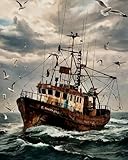 Malen nach Zahlen Kits Erwachsene und Kinder Möwe und altes Schiff DIY Ölgemälde Digitale Leinwand Wandkunst Home Decoration - 40x50CM