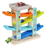Toys of Wood Oxford TOWO Kugelbahn Parkgarage aus Holz - mit 4 Holz-Autos & Parkplatz auf dem Dach - Auto Holzspielzeug für Kleinkinder -Rennspielzeug für Kinder Jungen Mädchen 1 2 3 4