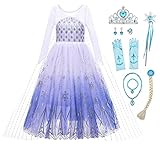 YOSICIL Mädchen Kleid Prinzessin ELSA Eiskönigin 2 Kostüme für Kinder Fasching Geburtstag Weihnachten Verkleidung Krone Zauberstab Schneekönigin Prinzessinkleid mit Zubehör,Blau,110