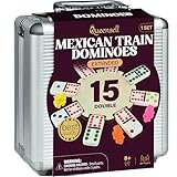 Mexican Train Domino-Set Doppel 15 – Domino-Set für Erwachsene und Familie, Mexican Train Doppel 15 Domino-Steine mit farbigen Punkten – 136 Steine, 9 Züge, Holz-Mittelstück, Aluminium-Case