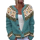 Generisch Kurz Strickjacke Damen mit Knöpfen Cardigan Isländischer Strickpullover Fair Isle Grobstrickjacke Weich Übergangsjacke Warm Strickpullover Open Front Strickmantel Elegant Strickcardigan