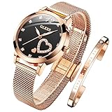 OLEVS Damenuhr Roségold mit Herz Diamant Schwarzes Gesicht Quarz Armbanduhr Wasserdicht Gürtel Armreif Set