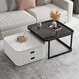 VTELGT 2 Stücke Beistelltisch Set Quadrat, Couchtisch mit 2 Schubladen, Kaffeetisch mit Tischplatte aus Marmor Steinplatte und Gehärtetem Glas Für Schlafzimmer Wohnzimmer Balkon Büro,Weiß quadratisch