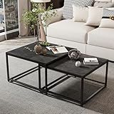 FATIVO Couchtisch Schwarz Marmor Wohnzimmertisch: beistelltisch 2er Set modern sofatisch quadratisch mit metallgestell für Wohnzimmer groß:65×65×40cm klein:60×60×34cm