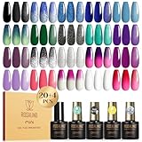 ROSALIND UV Nagellack Set Thermo, 20+4 Stück Gel Nagellack Farbwechsel mit Unterlack & Überlack, Matt & Glitzer Überlack, Thermo Schwarz Blau Grün Violett Farbgel für Gelnägel UV Nagel Design