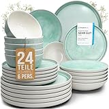 Steingut Geschirrset 6 Personen Ibiza 24 tlg. TESTSIEGER, Traumhaftes Mediterranes Steingut Geschirr Set, Schüssel- und Teller Set, Tafelservice 6 Personen, Geschirrsets Pure Living in Türkis