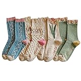 Lässige Vintage-Blumen-Baumwollsocken für Damen, 4 Paar, niedliche Rüschen, Slouch-Socken für Teenager, über dem Knöchel, Sportsocken, Tulpen-Serie (4 Paar), 37-42 EU