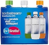 SodaStream Aktions-Set PET-Flaschen 2+1, 3x 1L PET-Flaschen aus bruchfestem kristallklarem PET in den Farben Orange, Grün und Weiß