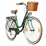 Bergsteiger Marseille 28 Zoll Damenfahrrad, ab 150 cm, Korb aus Rattan, Fahrrad-Licht, Damen-Citybike, Damenrad im Retro-Design«, 6 Gang Tourney Schaltung, Kettenschaltung
