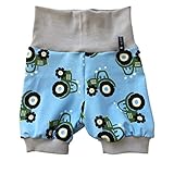 Kurze Pumphose Shorts Sommerhose"MidgetTractor" Traktor Trecker Bagger Hellblau Grau Grün Jungen Jersey 56 62 68 74 80 86 92 98 104 110 116 122 128 134 140 Babyhose Kindehose Haremshose Handmade Juna