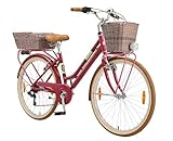 BIKESTAR Alu City Stadt Fahrrad 26 Zoll | 16 Zoll Rahmen, 7 Gang Shimano Damen Rad, Hollandrad Retro Bike mit V-Bremse und Gepäckträger | Berry | Risikofrei Testen