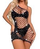 KUAIQI Damen Partykleid,Damen Kurzes Kleid aus Fischnetz,Clubwear Partykleid Mesh-Einsätze，Sexy Minikleid Dessous Set，Sexy Bodycon Fischnetz Minikleid (Schwarz-1)