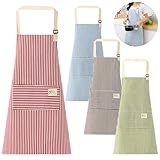 Suevut 4 Stück Küchenschürze Damen Set, Kochschürze Personalisiert mit Tasche, Verstellbare Frauen Schürze aus Baumwolle Leinen, für Backen, Malen, Kochen, Hausarbeiten Apron