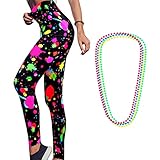 Syhood Neon Leggings Damen 80er Leggings mit Hoher Taille Yoga Laufhose mit 4 Stück Neon Halskette,Größe S