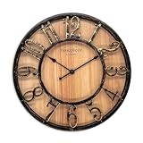 K&L Wall Art große Vintage Wanduhr industrielle Landhaus Wanduhren Holz-Metalloptik ohne Tickgeräusch lautlose Uhr (Farmhouse Brown, Ø 30cm)