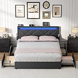 VASAGLE Doppelbettgestell, Bettgestell, 180 x 200 cm, LED, Metallbett, 4 Schubladen, Ladestation, verstellbares gepolstertes Kopfteil, dunkelgrau RMB825GN02