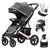 Daliya® Rapidy Buggy Kinderwagen 0-36 Monate Sportwagen mit Liegeposition Wickeltasche, Winterfußsack, Ess- & Spieltisch und mehr (Dunkelgrau - Gold)