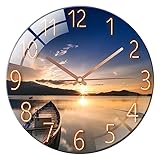ALEENFOON Wanduhr aus Glas 30cm Lautlos Nicht Tickend Dekorative Runde Wanduhr für Wohnzimmer Küche Schlafzimmer Flur Büro ((Sonnenuntergang))