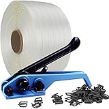 16mm TEXTIL UMREIFUNGSSET Hotmelt Set | 850m Textilband | 500 Drahtverschlussklemme | 1 Spanngerät | Für Ladungssicherung, Holzbuendel Verzurrband für Holzbündelgerät alles im Umreifungsset