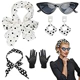 LOPOTIN 5TLG Rockabilly Accessoires Damen 50er Jahre Kleid Zubehör 60er Jahre Kleidung Set mit Chiffon Schal Polka Dot Stirnband Katzen Auge Brille Schwarz 1950s Kostüm für Motoparty Retro Teily Party