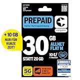 congstar Prepaid ALLNET M SIM-Karte ohne Vertrag I Prepaid-Paket in D-Netz-Qualität I 20 GB +10€ Startguthaben I Telefonie & SMS Flat in alle dt. Netze I EU-Roaming inkl.