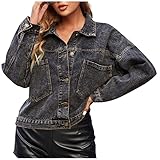 Generic Damen Jeansjacke Tia Used Look Trendige Jeansjacke mit Revers Einreihige Lockere Langärmlige Jacke Dark Gray 34