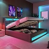 Kayan Polsterbett 180x200cm, Doppelbett mit Stauraum und Lattenrost, LED Kopfteil mit USB Ladefunktion, Stauraumbett Funktionsbetten Rückenlehne Bettgestell, Leinen (Grau, 180x200cm)