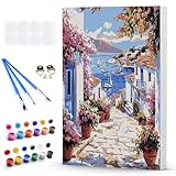 DAERLE Malen Nach Zahlen Erwachsene mit Rahmen, Küstendorf, Paint by Numbers Blumen- und Steinweg, DIY Handgemalt Ölgemälde Kit mit Pinseln und Acrylfarben Ölgemälde Leinwand für Home Decor 30x40cm