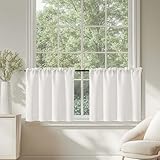 TOPICK Blickdicht Scheibengardinen Küche Weiß Bistrogardine mit Tunnelzug Gardinen Kurz mit Waffel Muster Halbtransparente Küchengardinen für Kleine Fenster Wohnmobil Landhaus 2er Set 90Bx60H cm