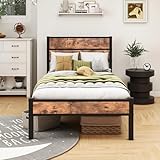 HOMERECOMMEND Metallbett 90x200 Bettgestell mit Lattenrost mit Holz Kopfteil und Fußteil Heavy Duty Metall Plattform Bettrahmen Bettgestell 90 x 200 cm,Schwarz+Braun