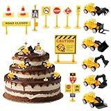 Baustellenfahrzeuge Kinder, 10 Stück Bagger Tortendeko, Mini Bagger Kuchendeko Spielzeug mit Verkehrsschildern, Baufahrzeuge für Geburtstag Junge Mädchen 2 3 4 5 Jahre
