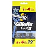 Gillette Blue3 Einwegrasierer für Männer x12, 3-Klingen-Rasierer, um 40° beweglicher Schwenkkopf, Feuchtigkeitsstreifen 