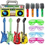 Aufblasbare Instrumente Party Ballons Set - 13 Stück Inflatable Musikinstrumente Zubehör Gitarre Bässe Mikrofon Radio, Rock Star Toy Brille für Kinder Erwachsene Konzert Tanz 70er 80er Karaoke Deko